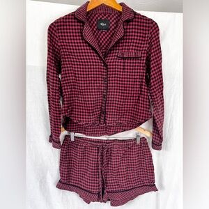 Rails Women XS Kellen Pajama Set Gingham Cherry Black Long Sleeve Short Shorts